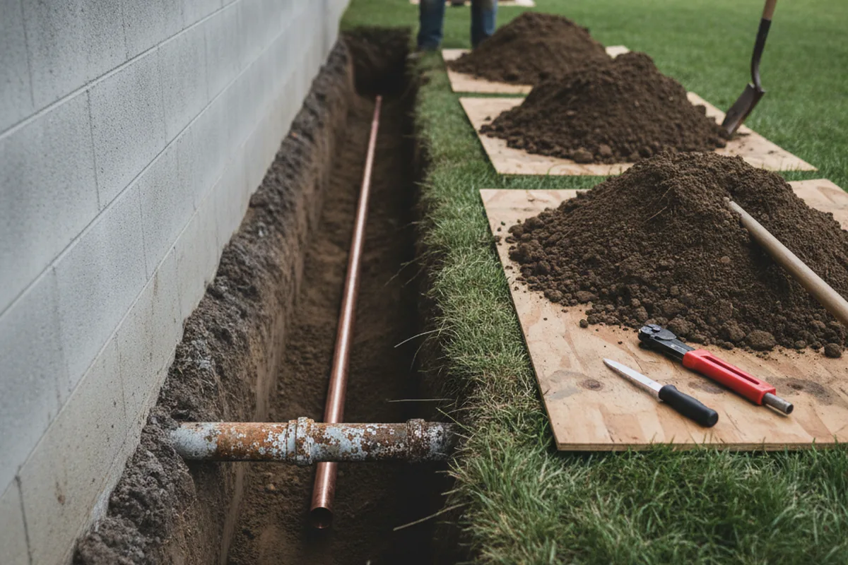 Excavated water line trench during Water Softener Installation in Seward